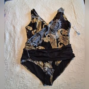 Siloett women's size 26 Plus swim suit padded shelf bra black white gold NWT